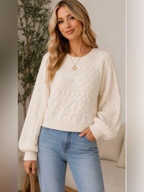 Cozy Co Ivory Cable Knit Dolman Sleeve Sweater S/M Soft Textured Chunky Crewneck